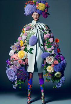 a woman with flowers on her head wearing a white coat