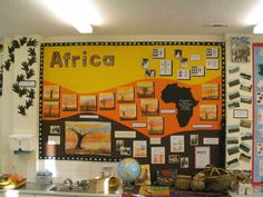 an african themed classroom wall with pictures on it