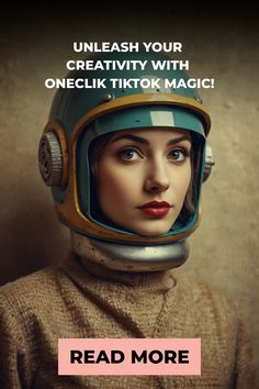 Woman wearing a vintage space helmet with text "Unleash your creativity with OneClick TikTok magic!" and a "Read more" button. Golden Ticket, Viral Tiktok, How To Make Shorts