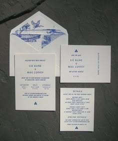 the wedding stationery is laid out on top of each other, including an envelope and matching cards