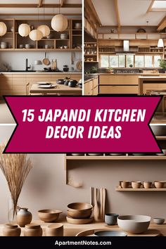 japanese kitchen decor ideas with text overlaying the top and bottom right corner in pink