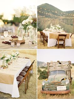 an old pick up truck is decorated with white flowers and greenery for a rustic wedding