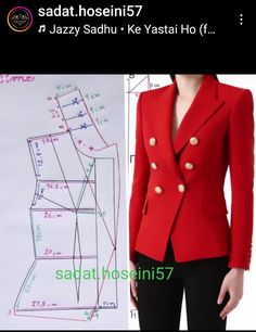 a woman in a red jacket and black pants standing next to a whiteboard with measurements on it