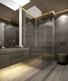 a modern bathroom with glass walls and wood flooring is pictured in this 3d image