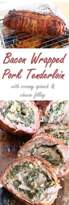 bacon wrapped pork tenderies with creamy spinach & artichoke sauce on top