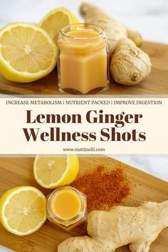 the ingredients for lemon ginger wellness shots on a cutting board