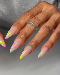 18k Likes, 23 Comments - PRISSYJGELX (@prissyjnails) on Instagram: “@apresnailofficial the perfect summer set! #gelx #nailinspo #gelxnails #apresgelx” Hailey Bieber Nails With A Twist, Color Block Nails Acrylic, Color Block Almond Nails, Vacation Nails Long Almond, Miami Nails Ideas Almond, Deep French Nail Designs, Almond Nails With Colored Tips, Baddie Birthday Nails Almond, Almond French Tip Nails With Design Summer