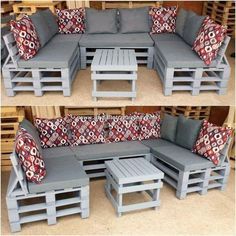 several pictures of different types of furniture made out of pallets and wooden crates with cushions on them