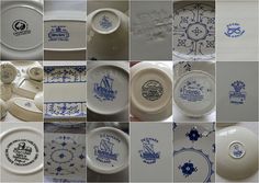 many different types of plates and bowls with blue designs on them are shown in this collage