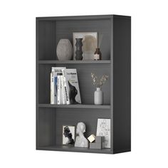 a bookcase with three shelves and various items on top of each shelf, all in grey