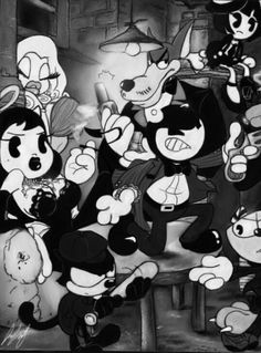 an animated group of cartoon characters in black and white