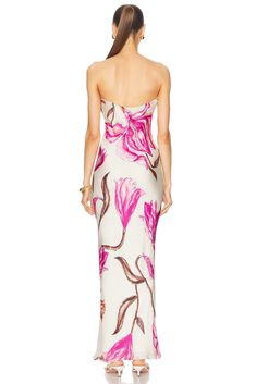 This exquisite dress, made from 100% viscose, features a beautiful floral stamp that exudes elegance and charm. Crafted in India, it boasts a fully lined interior for ultimate comfort and a hidden side zipper closure for a seamless look. Perfect for any special occasion, this dress is a stunning addition to your wardrobe. Elegant Sleeveless Silk Floral Dress, Floral Print Maxi Strapless Dress For Garden Party, Elegant Silk Maxi Floral Dress, Floral Print Sleeveless Midi Dress For Gala, Sleeveless Floral Print Midi Dress For Gala, Chic Floral Print Maxi Dress For Gala, Chic Sleeveless Silk Dress With Floral Print, Chic Sleeveless Floral Silk Dress, Silk Strapless Dress With Straight Neckline For Spring