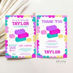 two birthday party thank you cards with lego blocks