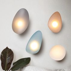 three different colored lights hanging on the wall above a bed with a plant in front of it