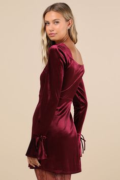 Everyone will instantly be awestruck when you walk in wearing the Lulus Joyful Poise Burgundy Velvet Long Sleeve Mini Dress! This luxe velvet dress starts with a darted bodice, a trendy square neckline, and long sleeves with flared cuffs and dainty tying details. The fitted waist tops a figure-skimming, A-line skirt that ends at a flirty mini hem. Hidden side zipper. Fit: This garment fits true to size. Length: Mid-thigh. Size medium measures 25.75" from shoulder to hem. Bust: Great for any cup Mini Dress Velvet, Dress Velvet, Burgundy Velvet, Dress With Tie, Long Sleeve Mini, Long Sleeve Mini Dress, Velvet Dress, A Line Skirt, Square Neckline