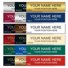 a set of four different colored labels with the words you, your name here and your position here