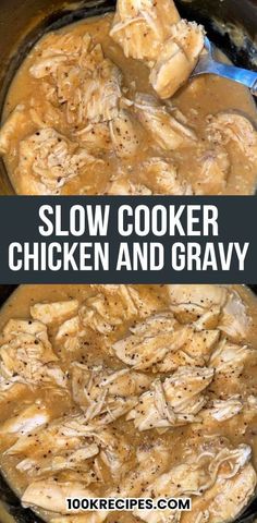 slow cooker chicken and gravy in a crock pot with text overlay