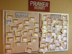 a bulletin board with several pieces of paper taped to it and the words prayer board written on it