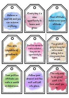 six watercolor tags with the words, you are capable to be creative and not afraid to