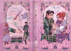 an open book with illustrations of two people in the background and pink flowers on the cover