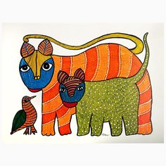 a painting of an elephant and a bird on a white background