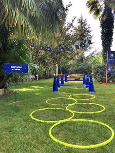 an image of a birthday party in the grass with blue cones and yellow markers on it