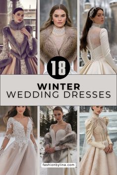 winter wedding dresses with fur collars and long sleeves, all in different styles for the bride