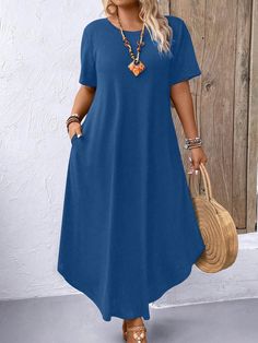 Plus Size Round Neck Short Sleeve Solid Color Dress Blue Casual  Short Sleeve Knitted Fabric Plain Tee Slight Stretch  Women Plus Clothing, size features are:Bust: ,Length: ,Sleeve Length: Blue Summer Dresses Plain, Blue Plain Dresses For Summer, Blue Plain Summer Dresses, Casual V-neck Plain Midi Dress, Casual Blue Plain Dress, Casual Oversized Blue Dress, Oversized Blue Casual Dress, Blue Plain Dresses For Spring, Plain Blue Spring Dresses