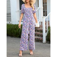 Women's Summer Smocked Jumpsuits Casual Square Neck Short Sleeve High Waist Wide Leg Rompers with Pockets Purple Floral XXL Casual Summer Rompers, Jumpsuits Casual, Stylish Jumpsuit, Maxi Jumpsuit, Wide Leg Romper, Boho Party, Knit Jumpsuit, Casual Rompers, Jumpsuit Party