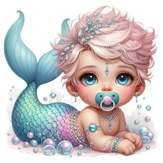 a baby mermaid with pink hair and blue eyes is sitting on the ground next to bubbles