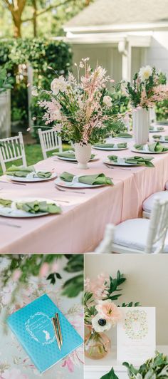 the table is set with pink flowers and greenery