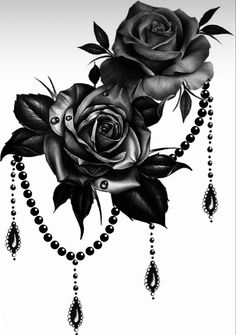 a black and white drawing of two roses on a beaded necklace with beads hanging from it