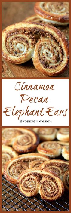 cinnamon pecan elephant ears on a cooling rack with text overlay that reads, cinnamon pecan elephants