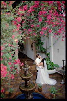 a bride and groom standing in front of a fountain with pink flowers growing on it