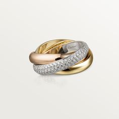 Cartier - Trinity ring, classic - Ring Woman Gold/White gold/Pink gold - Trinity ring, medium model, 18K white gold (750/1000), 18K rose gold (750/1000), 18K yellow gold (750/1000), set with 144 brilliant-cut diamonds totaling 0.99 carats. Width: 4 mm (for size 52). Please note that the carat weight, number of stones and product dimensions will vary based on the size of the creation you order. For detailed information please contact us. Gold Trinity Ring, Cartier Trinity Ring, Trinity Bracelet, Trinity Ring, Jewelry Essentials, Pave Ring, Classic Gold, Cartier Ring, Classic Ring