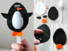 the penguin lollipop is made with felt and plastic spoons