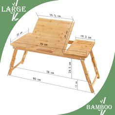 a wooden table with measurements for the top and bottom section, including one leg up