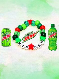 if anyone wants to suggest a character I should make into a bracelet, feel free to comment! #mountaindew #mtndew #bracelet #kandi How To Make A Kandi Tie, Kandi Cute, Funny Bracelet Ideas, Single Kandi Ideas, Kandi Ideas Words, Kandi Ideas Singles, Character Kandi