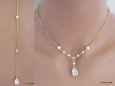 "This elegant necklace has European teardrop crystal and pearls in your choice of color. Pendant is attached to a cubic zirconia connector and measures approximately 1 1/4\" long. Choose the length that works for you from the drop down options. Make your own set or purchase individually. Necklace only will come with a 2\" extender chain for additional length. Necklace with backdrop option does not include an extender. Backdrop can be ordered with a removable attachment if you like in case you wo Elegant Gold Crystal Drop Necklace, Gold Crystal Drop Necklace, Gold Crystal Necklace With Pearl Drop, Gold Teardrop Bridal Necklace, Gold Crystal Pearl Necklace For Wedding, Elegant Gold Teardrop Bridal Necklace, Elegant Gold Drop Bridal Necklace, Elegant Gold Drop Jewelry Set, Gold Crystal Bridal Necklace With Pearl Drop