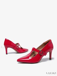 Lasaky - Red Pointed Toe Leather Stiletto Heel Kitten Heel Pump - Mary Janes Pumps Elegant Red Heels With Buckle Closure, Comfy Heels, Pink Platforms, Pumps Heels Stilettos, Kitten Heel Pumps, Mary Jane Pumps, Elegant Red, Mary Jane Heels, Platform High Heels