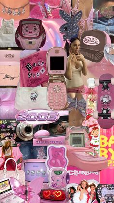 a collage of barbie dolls, cell phones and other items