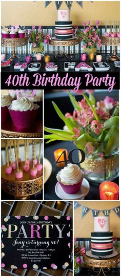 a birthday party with pink and black decorations