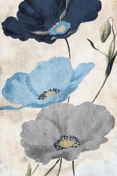 three blue and gray flowers on a white background