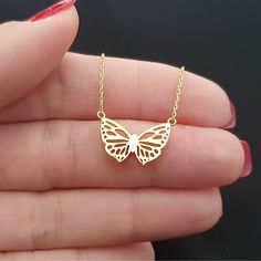 Solid Gold Origami Butterfly Necklace, Butterfly Charm Necklace, 10k 14k 18k Gold Origami Animal Pendant, Origami Necklace For Christmas This necklace is handmade and produced with 10k 14k 18k solid gold according to your preference. Gold Color : Yellow Gold, White Gold, Rose Gold Pendant Size: Height : 0.43 inches ( 11 mm) Width : 0.63 inches ( 16 mm) We have 3 Types solid gold chain options: Type1 Chain (0.85mm thick) Type2 Chain (0.97mm thick) Type3 Chain (1.30mm thick) We use lobster claps o 14k Gold Butterfly Jewelry For Gifts, White Butterfly Necklace As A Gift, Minimalist Gold Butterfly Necklace For Gift, Origami Animal, Origami Necklace, Necklace Butterfly, Origami Butterfly, Animal Pendant, Origami Animals