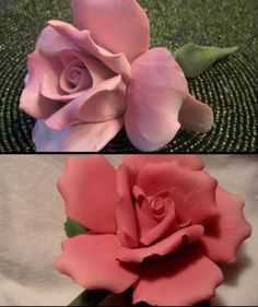 two different images of pink flowers with green leaves on the top and bottom, one is made out of fondant