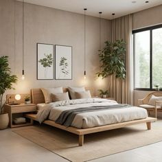 a large bed sitting next to a window in a room with potted plants on the wall