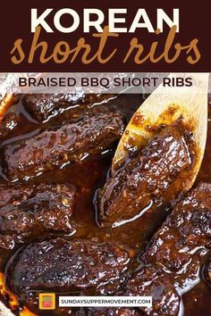 korean short ribs in bbq sauce with a wooden spoon on the side and text overlay