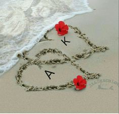 four red flowers are placed in the sand at the beach with letters drawn on it