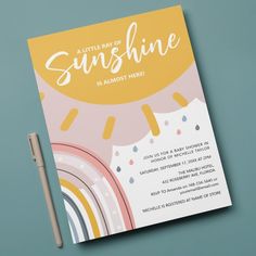 a little bit of sunshine is almost here baby shower card with a pen on it