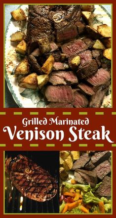 grilled marinated venison steak with potatoes and carrots